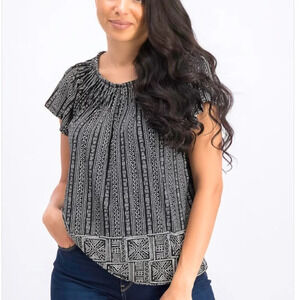 Style & Co Printed Pleated Scoop Neck Top Black and White Size XL